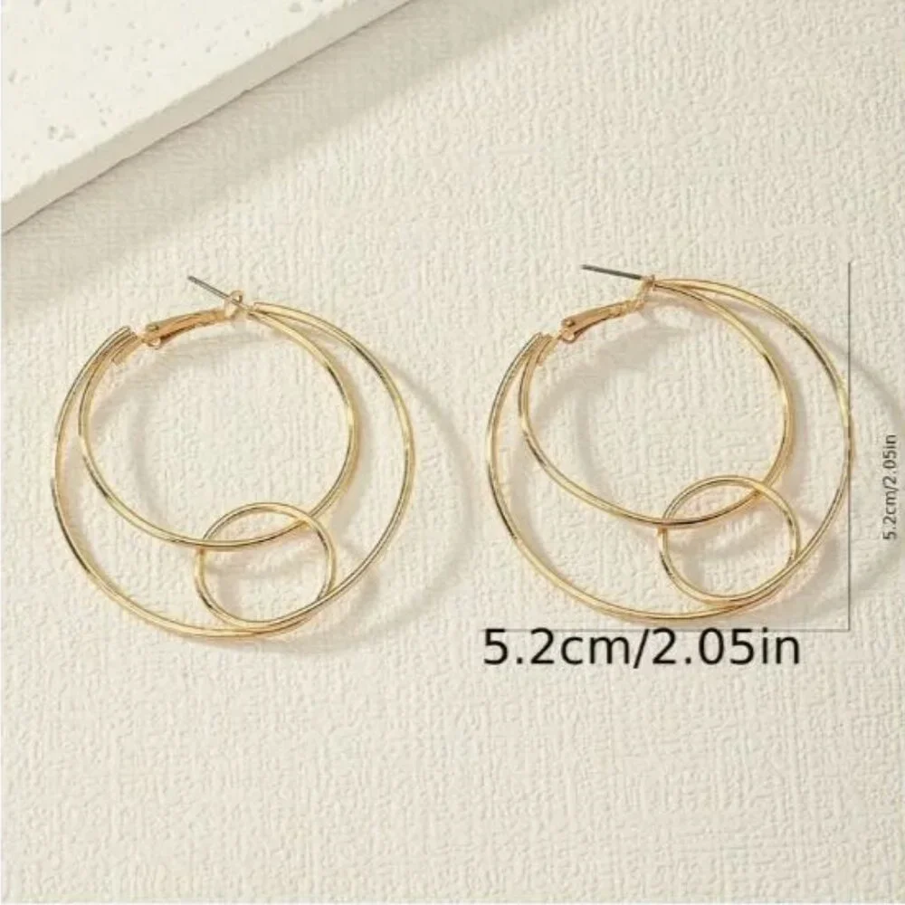NEW Modernist Gold Plated Double Circle Hoop Earrings - Picture 4 of 4